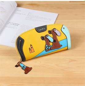 Resim Sevimli Dikişli Köpek Yavrusu Fermuar Cüzdanı Uzun Debriyaj Çantası Bayanlar Cüzdan Sarı Kahverengi 
