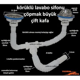Resim Çöpmak Körüklü Sifon Çiftli Büyük Kafa Evye Sifonu Lavabo Gideri 