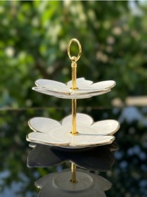 Resim Lüx Gold Yaldızlı Porselen İkram Seti Tepsili, 2 Li Kahve Fincanı Ve Katlı Kurabiyelik, Nişan Söz Altın 