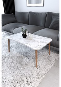 Resim Esma Orta Sehpa Ve Zigon Sehpa 4'Lü Ahşap Ayaklı - Beyaz Mermer 