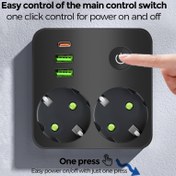 Resim Seyahat Taşınabilir Avrupa Standart Dönüşüm Soketi Çok Fonksiyonlu Güç Şeridi, Anahtarlı ve USB-C+Tip-C Şarj Portu ile Çoklu Fiş, Ev ve Ofis Bilgisayarları, Cep Telefonları, Tabletler ve Diğer Cihazlar için Güç Dönüşüm Soketi 