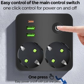 Resim Seyahat Taşınabilir Avrupa Standart Dönüşüm Soketi Çok Fonksiyonlu Güç Şeridi, Anahtarlı ve USB-C+Tip-C Şarj Portu ile Çoklu Fiş, Ev ve Ofis Bilgisayarları, Cep Telefonları, Tabletler ve Diğer Cihazlar için Güç Dönüşüm Soketi 