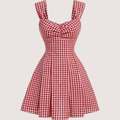 Resim Kadınlar için şık omuz askılı V yaka desenli, bahar/yaz/sonbahar için mükemmel kırmızı ve beyaz gingham askılı mini elbise 