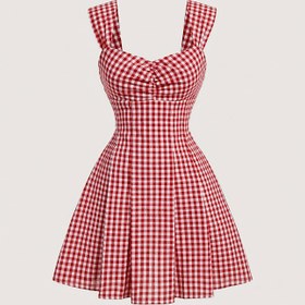 Resim Kadınlar için şık omuz askılı V yaka desenli, bahar/yaz/sonbahar için mükemmel kırmızı ve beyaz gingham askılı mini elbise 