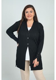 Resim By Saygı Kadın Kol Düğme Detaylı Kalın Fitilli Likralı Büyük Beden Uzun Hırka-41847 Siyah 