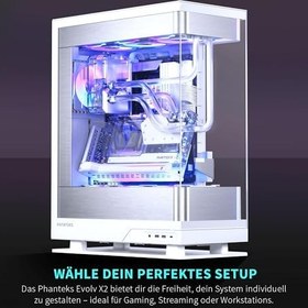 Resim Phanteks Evolv X2, orta tur oyun kasası, dikey soğutma sistemi, şeffaf temperli cam çerçeve, dahili D-RGB aydınlatmalı fırçalanmış alüminyum iç panel, gümüş beyaz 