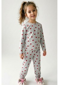 Resim Breeze Kız Çocuk Pijama Takımı Kalp Desenli 4-8 Yaş, Açık Gri Melanj Açık Gri Melanj 