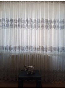 Resim Beyaz Gri Çizgili Sade Tül Perde 1/3 Sık Pileli 