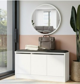 Resim Robin Home Puflu Minderli Oturaklı Aynalı Ayakkabılık Dolap 90cm Beyaz Beyaz 