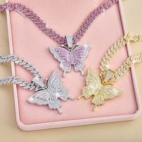 Resim Hip-hop Kelebek Kolye Seti, Y2K tarzı hayvan temalı takılar sentetik taşlı ve zinc alaşımlı zincir ile partiler, müzik festivalleri ve Sevgililer Günü hediyeleri için mükemmel moda takı 