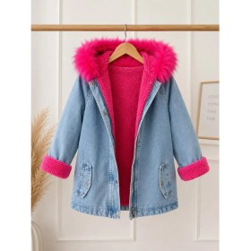 Resim Burçak Butik Kız Çocuk Kapüşonlu Içi Peluş Kürklü Kot Mont Kaban - Kışlık 