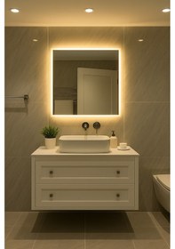 Resim Digital Hayat Gün Işığı Led Işıklı Kare Ayna Dekoratif Banyo Makyaj Aynası Açık Sarı 50cm - 80cm Natural 