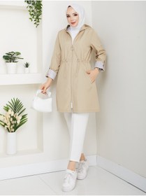 Resim RACE FASHİON Çizgi Desenli Bondit Kumaş Beli Lastikli Kapüşonlu Tesettür Trençkot RC905010 