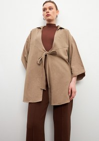 Resim Bipantolon Kadın Bisküvi Bağlama Detaylı Flam Keten Kimono 