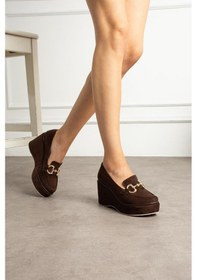 Resim Zenne Shoes Dolgu Topuklu Tokalı Kadın Ayakkabı Kahverengi 