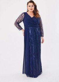 Resim Lilas Xxl Büyük Beden Lacivert Renkli Pul Payetli Uzun Şifon Abiye Elbise Lacivert 