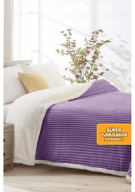 Resim Sherpa Battaniye Çift Kişilik Çizgili Yumuşak Peluş Wellsoft Yatak Örtüsü Lila Lila 