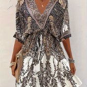 Resim Kadınlar için Vintage Tarzı Yarasa Kollu Elbise, Baskılı Çiçek ve Kelebek Desenli, Derin V Yaka, Peplum Bel ve Bağcıklı Detaylı - Bahar/Yaz, Yetişkin, Rahat Kıyafet, Rahat Kıyafet|Vintage Tarzı|Peplum Bel, Kelebek Baskılı Elbise 