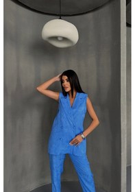 Resim Soonaksesuar Jakar Kumaş Yelek - Pantolon Takım - Mavi Mavi 