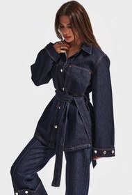 Resim Kadın İndigo Renk 7w5-50 Kemer Detaylı %100 Koton Denim Trençkot - indigo / M/L 