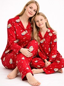 Resim Free Beka Kırmızı Gökyüzü Ve Ayıcık Desenli Uzun Kollu Önden Düğmeli Gömlek Yaka Anne Kız Pijama Takımı Kombin 