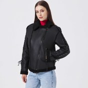 Resim Siyah Deri Kadın Kürk Mont - K23KKM320410-U1K 