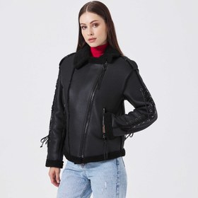 Resim Siyah Deri Kadın Kürk Mont - K23KKM320410-U1K 