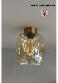 Resim Saltu Cam Bal Rengi Tekli Avize Plafonyer Retro Sarkıt Lamba Salon Aydınlatma Bal 