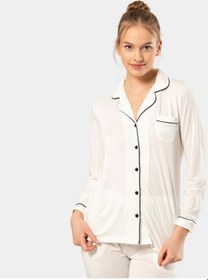 Resim Türen Düz Uzun Kollu Gömlek Yaka Pijama Takım 3365/ekru 001 