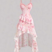 Resim Kadınlar için Vintage Çiçek Desenli Ruffle Etekli Parti Elbisesi - Omuzdan Askılı Gecelik Elbise, Asimetrik Detaylı, Pembe Çiçek Desenli, Yaz Formal Elbise, Yetişkinler için Yaz Parti Elbisesi | Vintage Çiçek Desenli | Ruffle Etekli Elbise, Sevimli Elbise 