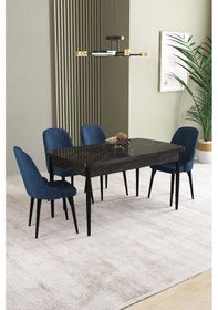 Resim Ikon Siyah Mermer Desen 80x132 Mdf Açılabilir Yemek Masası Takımı 4 Adet Sandalye Lacivert 