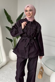 Resim Tesettür Diyarı Bovon Denim Ceket Pantolon Tesettür Takım- Mürdüm 