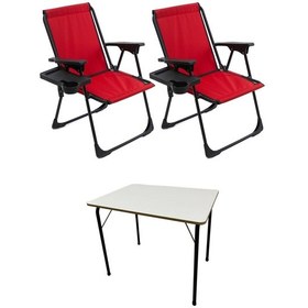 Resim Natura 2 Adet Kamp Sandalyesi Dikdörtgen Bardaklık Kırmızı + Masa Kırmızı 
