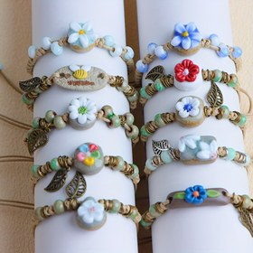 Resim 5'li Set Bohemian Çiçek Yaprak Desenli Seramik Ayarlanabilir Erkek Kadın Bileklik - Küçük Arı Deseni ile Şık ve Moda Günlük Parti Takısı Hediye 