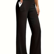 Resim Kadın Yüksek Belli İspanyol Paça Pantolon - Esnek Kaymaz Elastik Bel Bantlı Egzersiz Pantolonu, Tüm Sezon Spor Salonu, Yoga, Günlük ve Özel Günler için Rahat Pantolon - Siyah, Yüksek Bel Pantolon, Yoga Giyim, Konforlu Giyim 