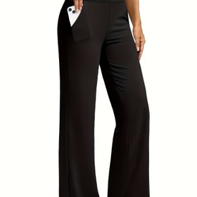 Resim Kadın Yüksek Belli İspanyol Paça Pantolon - Esnek Kaymaz Elastik Bel Bantlı Egzersiz Pantolonu, Tüm Sezon Spor Salonu, Yoga, Günlük ve Özel Günler için Rahat Pantolon - Siyah, Yüksek Bel Pantolon, Yoga Giyim, Konforlu Giyim 