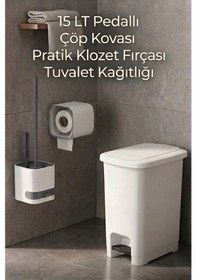 Resim 3'lü Banyo Ve Tuvalet Seti Çöp Kovası, Fırça Ve Kağıtlık Birarada Beyaz 