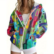 Resim Kadın Kapüşonlu Ceket - Yeşil, Mavi, Pembe, Sarı, Siyah, Beyaz, Turuncu, Mor, Kırmızı, Yeşil-Mavi Renkli Neon Renkli Tam Vücut Soyutlu Geometrik Baskı - Ön Cebi Olan Fermuarlı Kapüşonlu Ceket - Makinede Yıkanabilir Her Mevsim Dış Giyim - Günlük ve Resmi Kıyafetler İçin Rahat Şık Dış Giyim, Çok Yönlü Giyim, Retro Renk Bloğu, Dayanıklı Kumaş, Sokak Modası Stili, Yüksek Kaliteli Baskı, Moda Kadın 