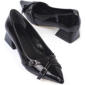 Resim Shoetek Laura Kadın Stiletto Kalın Topuklu Çapraz Bantlı Tokalı Ayakkabı Siyah Rugan Siyah Rugan 