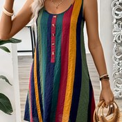 Resim Renkli Çizgili Düğmeli Kolsuz Atlet Elbise - Hafif Polyester, Yuvarlak Yaka, Yazlık Plaj ve Tatil Kıyafeti İçin Mükemmel Tasarım, Kadınlar için Günlük Yaz Giyim | Aline Kesim, Dokuma Elbise, Plaj Elbisesi 