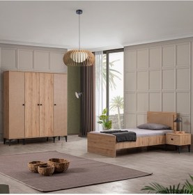 Resim Rustik Genç Odası Takımı - 4 Kapılı Dolap, Karyola, Komodin Ceviz 
