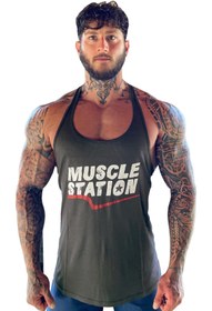 Resim Muscle Station Musclestation Toughman Tank Koyu Haki Workout Fitness Atlet 