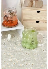 Resim 6lı Üzümlü Boncuk Bardak Pipetli Cam 350 Ml Kulplu Kulpsuz Meşrubat Su Kahve Sunum Kokteyl Bardağı Şeffaf 