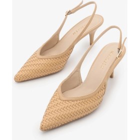 Resim Marjin Kadın Stiletto Arkası Açık Atkılı Örgü Desen Ayarlanabilir Bantlı Kısa Topuklu Klasik Ayakkabı Berfa Camel 