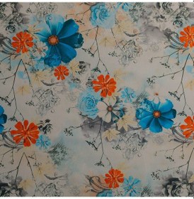 Resim Mavi Turuncu Renkli Çiçekli Dijital Baskılı Süet Kumaş 