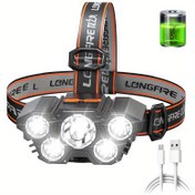 Resim Taktik Baş Lambası, 5 LED Süper Parlak Şarj Edilebilir Baş Lambası, USB Güçlü 400mAh Lityum Pili ile, Su Geçirmez Olmayan Baş Feneri ile Outdoor Kamp ve Koşu için Baş Bantı 