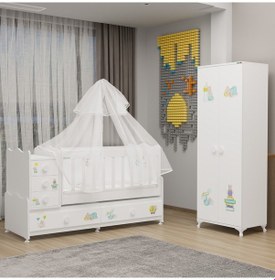 Resim Melina Yıldız 2 Kapaklı Dolap Takım + Yatak + Uyku Seti - Ayıcık Beyaz 