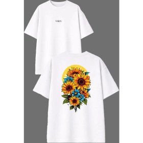 Resim Vsrn Ayçiçek Sarı Tasarım Ön Arka Baskılı Beyaz Oversize T Shirt 