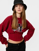 Resim Kolej Crop Sweatshirt Korse Detaylı Şardonlu Uzun Kollu Bisiklet Yaka 