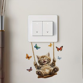 Resim 1 Adet Sevimli Salıncak Kedi & Kelebek Işık Anahtarı Etiketi - Banyo, Yatak Odası, Oturma Odası için Çıkarılabilir, Kendinden Yapışkanlı Duvar Sticker'ı - Temizlemesi Kolay Ev Dekoru ile Oyunbaz Zencefilli Kedicik & Renkli Kelebekler Tasarımı, Banyo için Kelebek Dekorasyonu, Fantezi Tasarım 